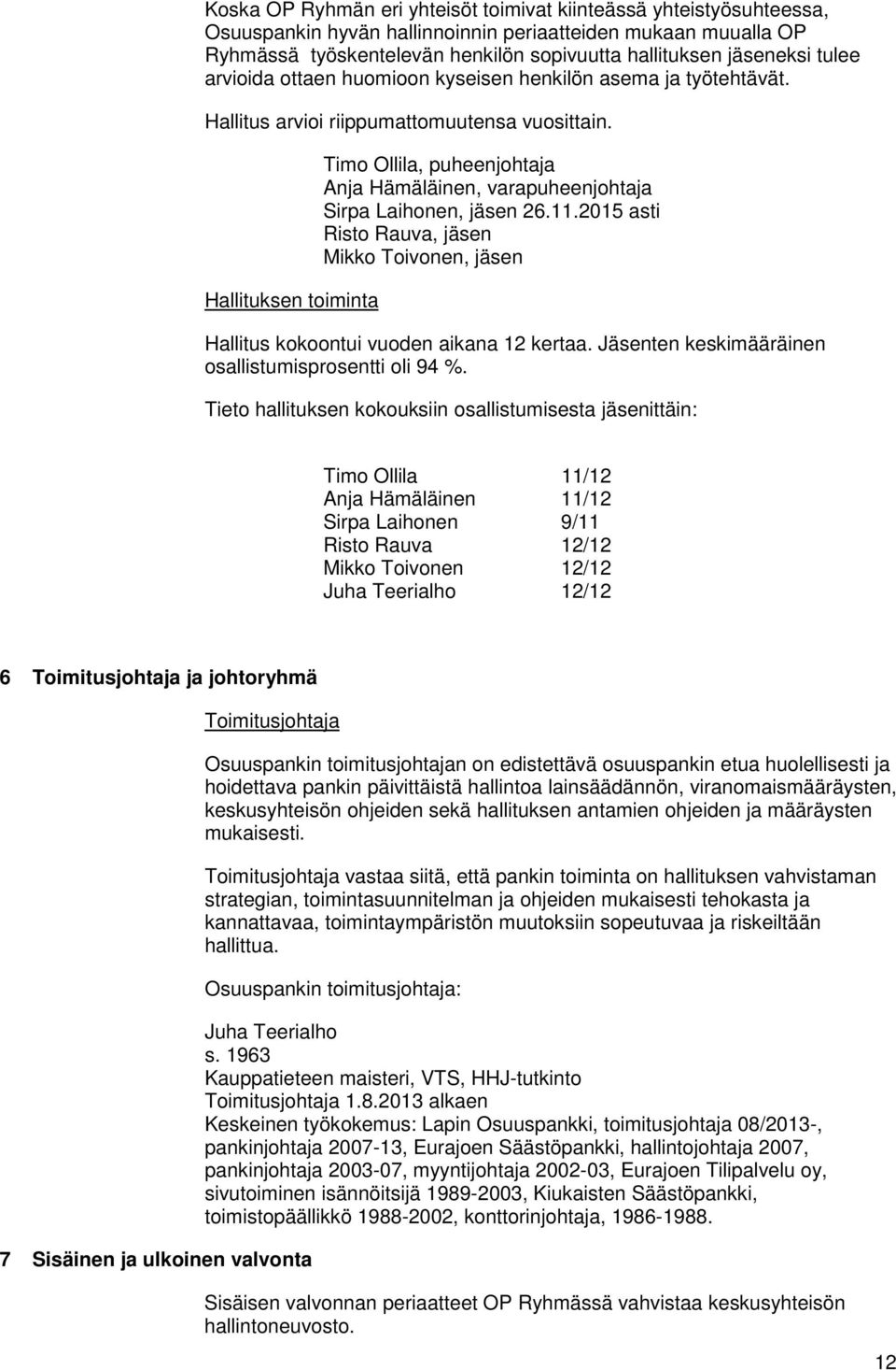 Hallituksen toiminta Timo Ollila, puheenjohtaja Anja Hämäläinen, varapuheenjohtaja Sirpa Laihonen, jäsen 26.11.