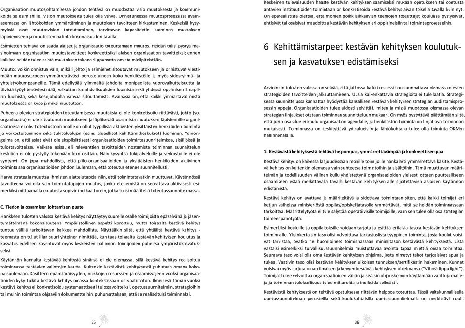 Keskeisiä kysymyksiä ovat muutosvision toteuttaminen, tarvittavan kapasiteetin luominen muutoksen läpiviemiseen ja muutosten hallinta kokonaisuuden tasolla.