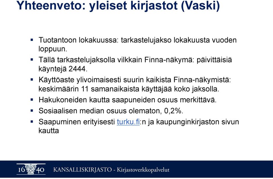 Käyttöaste ylivoimaisesti suurin kaikista Finna-näkymistä: keskimäärin 11 samanaikaista käyttäjää koko jaksolla.