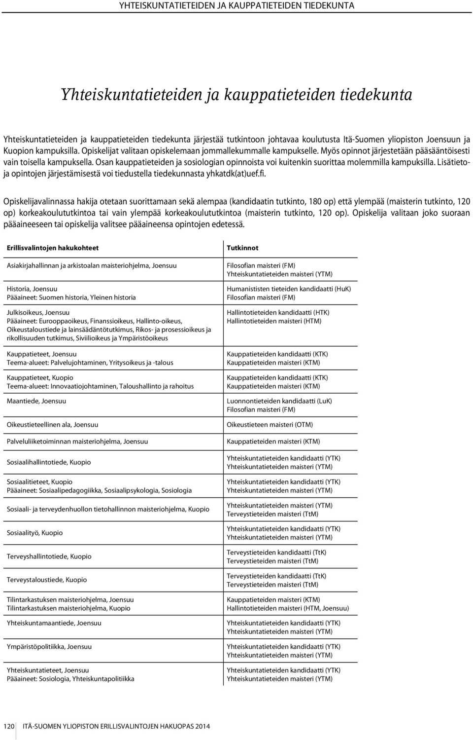 Osan kauppatieteiden ja sosiologian opinnoista voi kuitenkin suorittaa molemmilla kampuksilla. Lisätietoja opintojen järjestämisestä voi tiedustella tiedekunnasta yhkatdk(at)uef.fi.