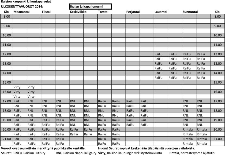 00 RaiFu RaiFu Rintala Rintala 21.00 RaiFu RaiFu Rintala Rintala Huom! Seurat sopivat keskenään tilapäisistä vuorojen vaihdoista.