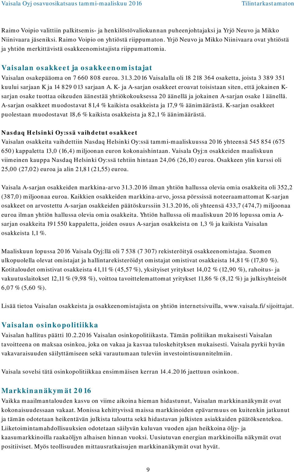 .3.2016 Vaisalalla oli 18 218 364 osaketta, joista 3 389 351 kuului sarjaan K ja 14 829 013 sarjaan A.