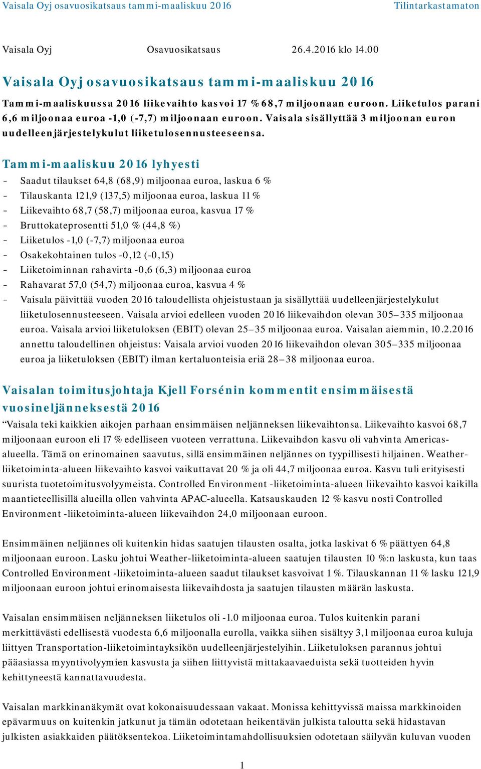 Tammi-maaliskuu 2016 lyhyesti - Saadut tilaukset 64,8 (68,9) miljoonaa euroa, laskua 6 % - Tilauskanta 121,9 (137,5) miljoonaa euroa, laskua 11 % - Liikevaihto 68,7 (58,7) miljoonaa euroa, kasvua 17