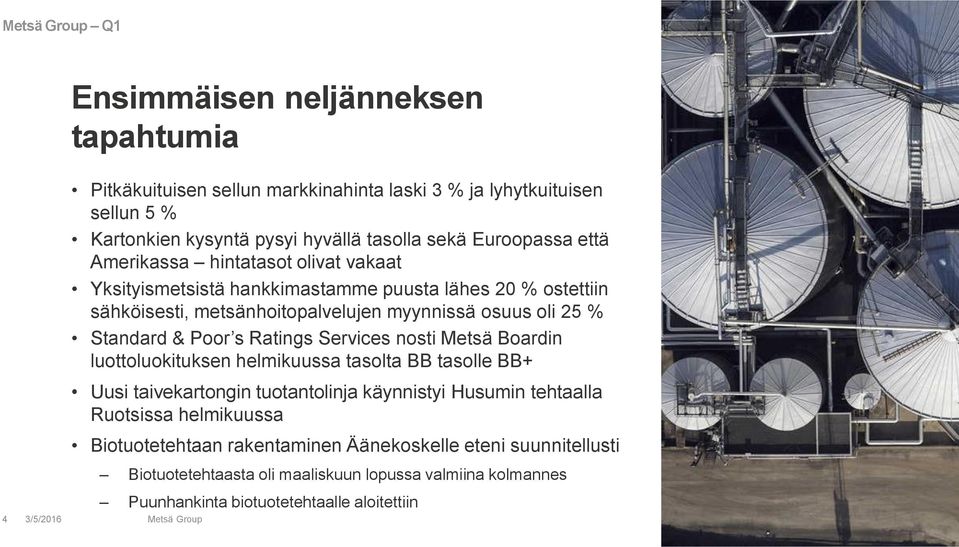 Standard & Poor s Ratings Services nosti Metsä Boardin luottoluokituksen helmikuussa tasolta BB tasolle BB+ Uusi taivekartongin tuotantolinja käynnistyi Husumin tehtaalla