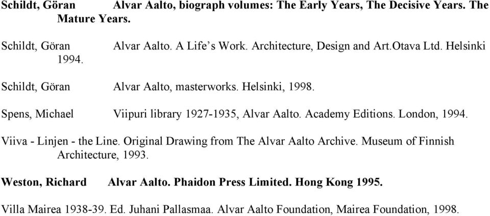 Spens, Michael Viipuri library 1927-1935, Alvar Aalto. Academy Editions. London, 1994. Viiva - Linjen - the Line.