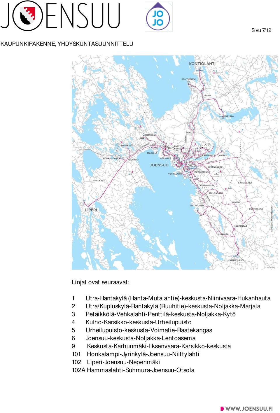 Kulho-Karsikko-keskusta-Urheilupuisto 5 Urheilupuisto-keskusta-Voimatie-Raatekangas 6 Joensuu-keskusta-Noljakka-Lentoasema 9