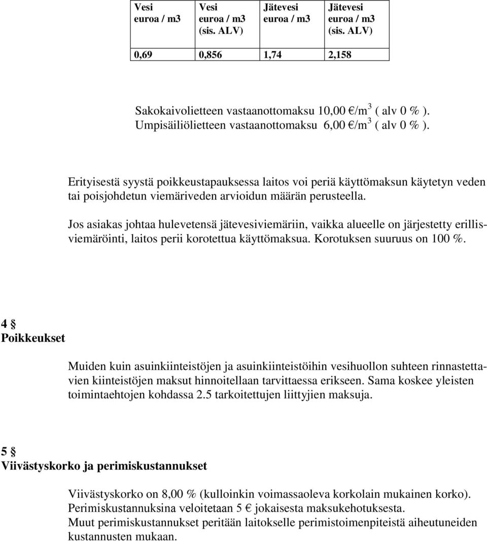 Jos asiakas johtaa hulevetensä jätevesiviemäriin, vaikka alueelle on järjestetty erillisviemäröinti, laitos perii korotettua käyttömaksua. Korotuksen suuruus on 100 %.