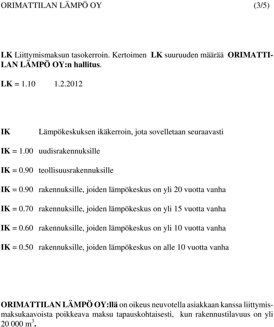 90 rakennuksille, joiden lämpökeskus on yli 20 vuotta vanha IK = 0.70 rakennuksille, joiden lämpökeskus on yli 15 vuotta vanha IK = 0.