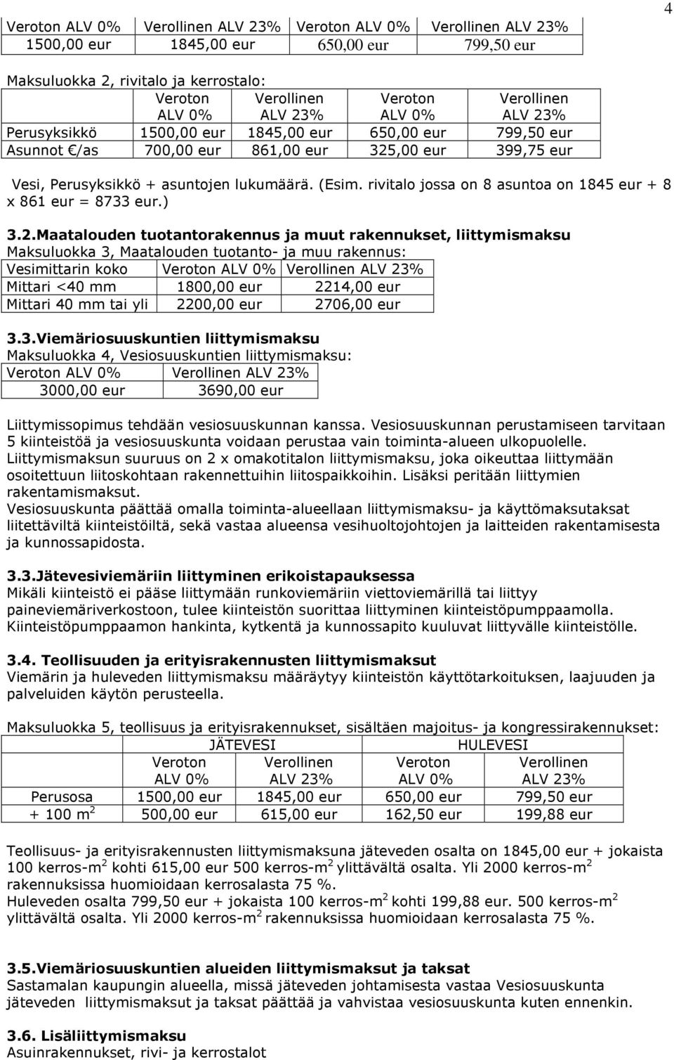 Maatalouden tuotantorakennus ja muut rakennukset, liittymismaksu Maksuluokka 3, Maatalouden tuotanto- ja muu rakennus: Vesimittarin koko Mittari <40 mm 1800,00 eur 2214,00 eur Mittari 40 mm tai yli