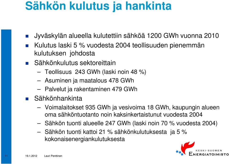 479 GWh Sähkönhankinta Voimalaitokset 935 GWh ja vesivoima 18 GWh, kaupungin alueen oma sähköntuotanto noin kaksinkertaistunut vuodesta 2004