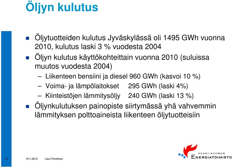 GWh (kasvoi 10 %) Voima- ja lämpölaitokset 295 GWh (laski 4%) Kiinteistöjen lämmitysöljy 240 GWh (laski 13 %)