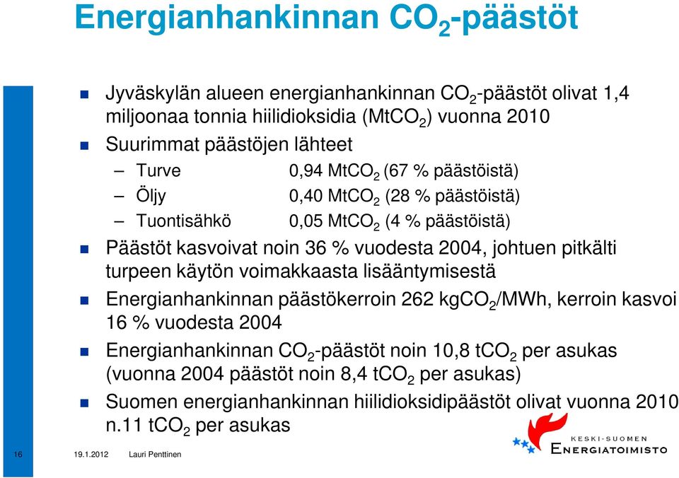 johtuen pitkälti turpeen käytön voimakkaasta lisääntymisestä Energianhankinnan päästökerroin 262 kgco 2 /MWh, kerroin kasvoi 16 % vuodesta 2004 Energianhankinnan CO 2