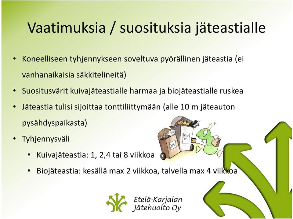 ruskea Jäteastia tulisi sijoittaa tonttiliittymään (alle 10 m jäteauton pysähdyspaikasta)