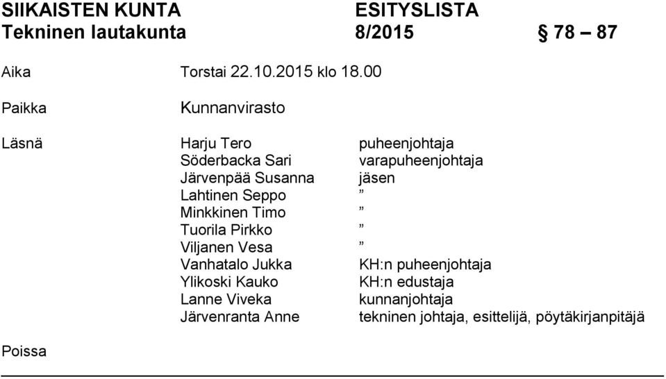 jäsen Lahtinen Seppo Minkkinen Timo Tuorila Pirkko Viljanen Vesa Vanhatalo Jukka KH:n puheenjohtaja
