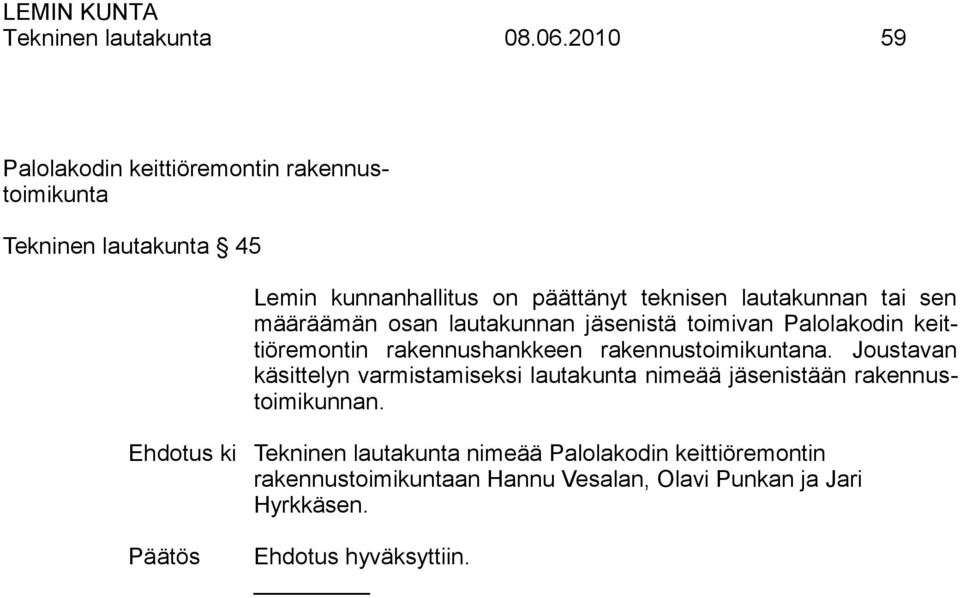 lautakunnan tai sen määräämän osan lautakunnan jäsenistä toimivan Palolakodin keittiöremontin rakennushankkeen