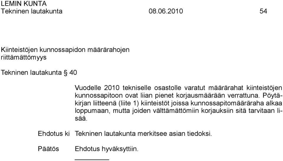 osastolle varatut määrärahat kiinteistöjen kunnossapitoon ovat liian pienet korjausmäärään verrattuna.