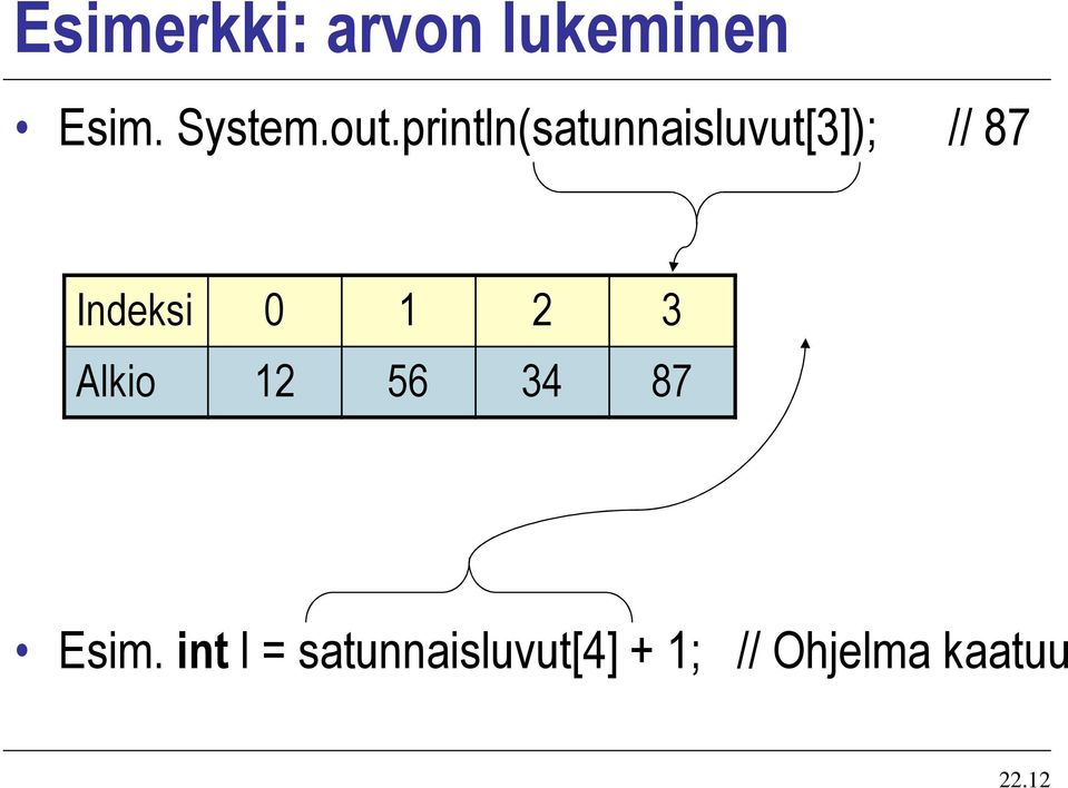 Indeksi 0 1 2 3 Alkio 12 56 34 87 Esim.