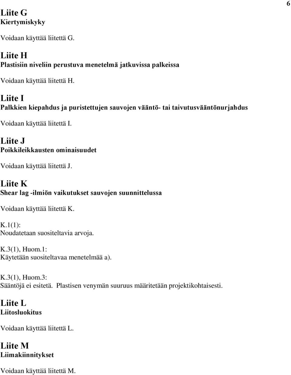 Liite J Poikkileikkausten ominaisuudet Voidaan käyttää liitettä J. Liite K Shear lag -ilmiön vaikutukset sauvojen suunnittelussa Voidaan käyttää liitettä K. K.1(1): Noudatetaan suositeltavia arvoja.