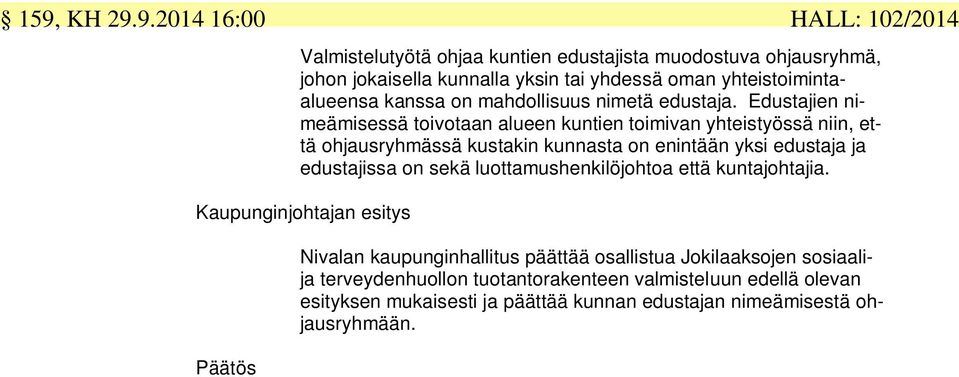 Edustajien nimeämisessä toivotaan alueen kuntien toimivan yhteistyössä niin, että ohjausryhmässä kustakin kunnasta on enintään yksi edustaja ja edustajissa
