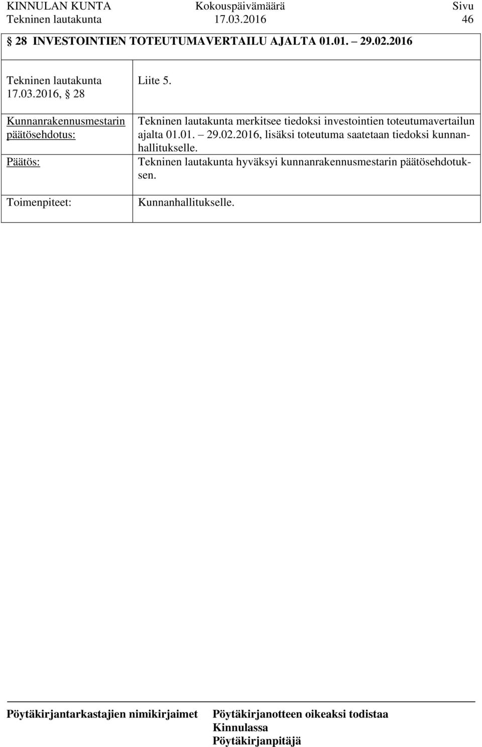 merkitsee tiedoksi investointien toteutumavertailun ajalta 01.01. 29.02.