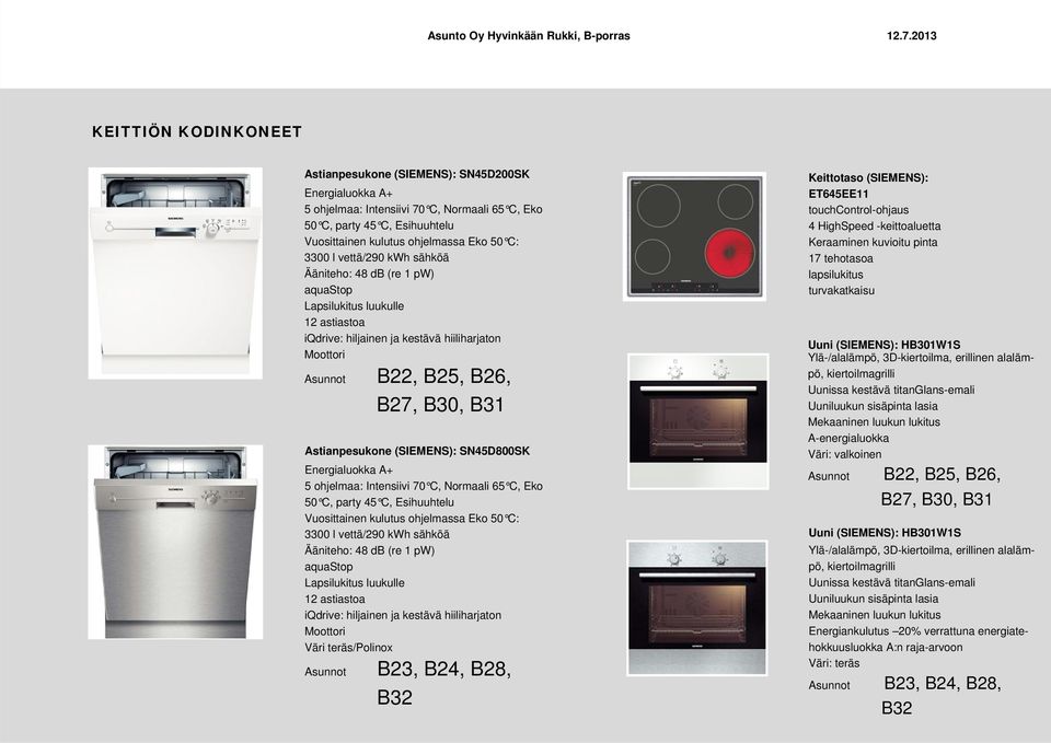 (SIEMENS): SN45D800SK Energialuokka A+ 5 ohjelmaa: Intensiivi 70 C, Normaali 65 C, Eko 50 C, party 45 C, Esihuuhtelu Vuosittainen kulutus ohjelmassa Eko 50 C: 3300 l vettä/290 kwh sähköä Ääniteho: 48