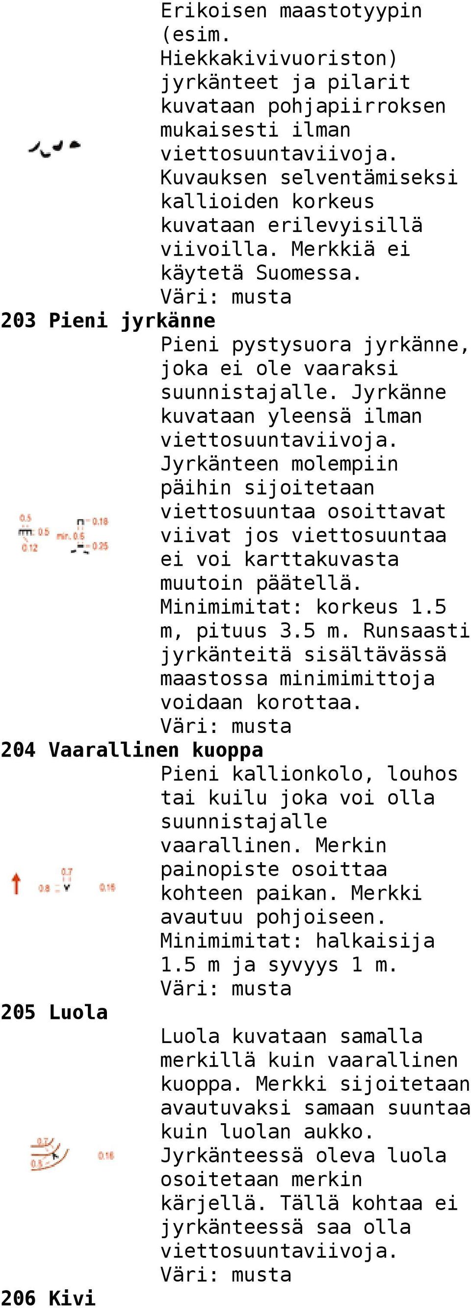 Jyrkänne kuvataan yleensä ilman Jyrkänteen molempiin päihin sijoitetaan viettosuuntaa osoittavat viivat jos viettosuuntaa ei voi karttakuvasta muutoin päätellä. Minimimitat: korkeus 1.5 m, pituus 3.