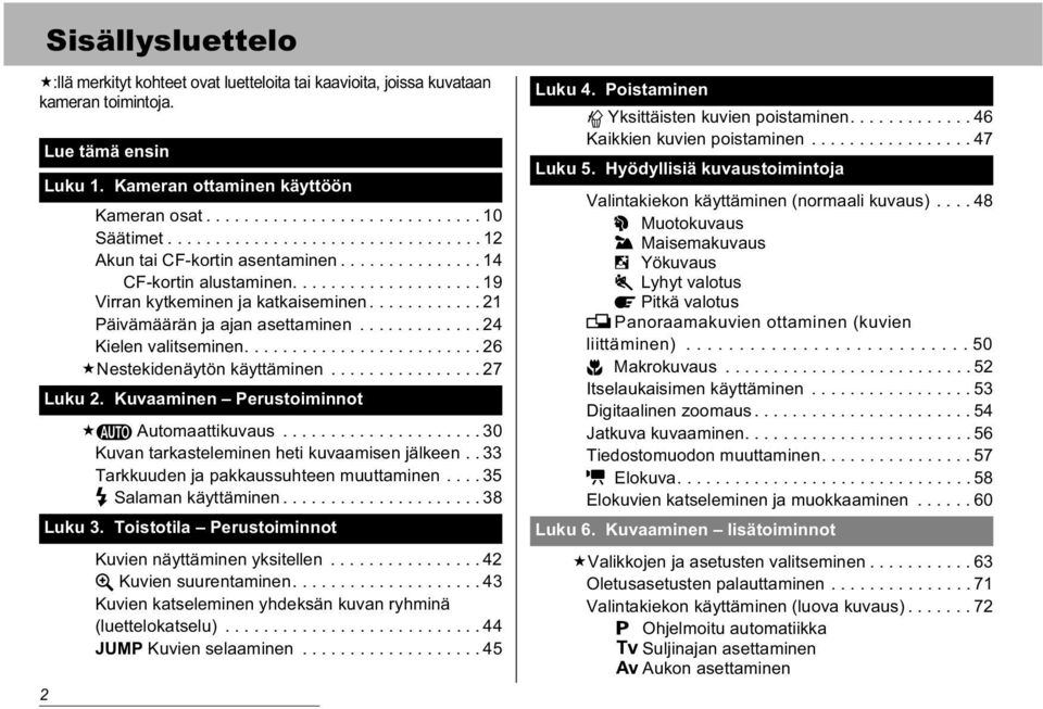 ........... 21 Päivämäärän ja ajan asettaminen............. 24 Kielen valitseminen......................... 26 Nestekidenäytön käyttäminen................ 27 2 Lue tämä ensin Luku 2.