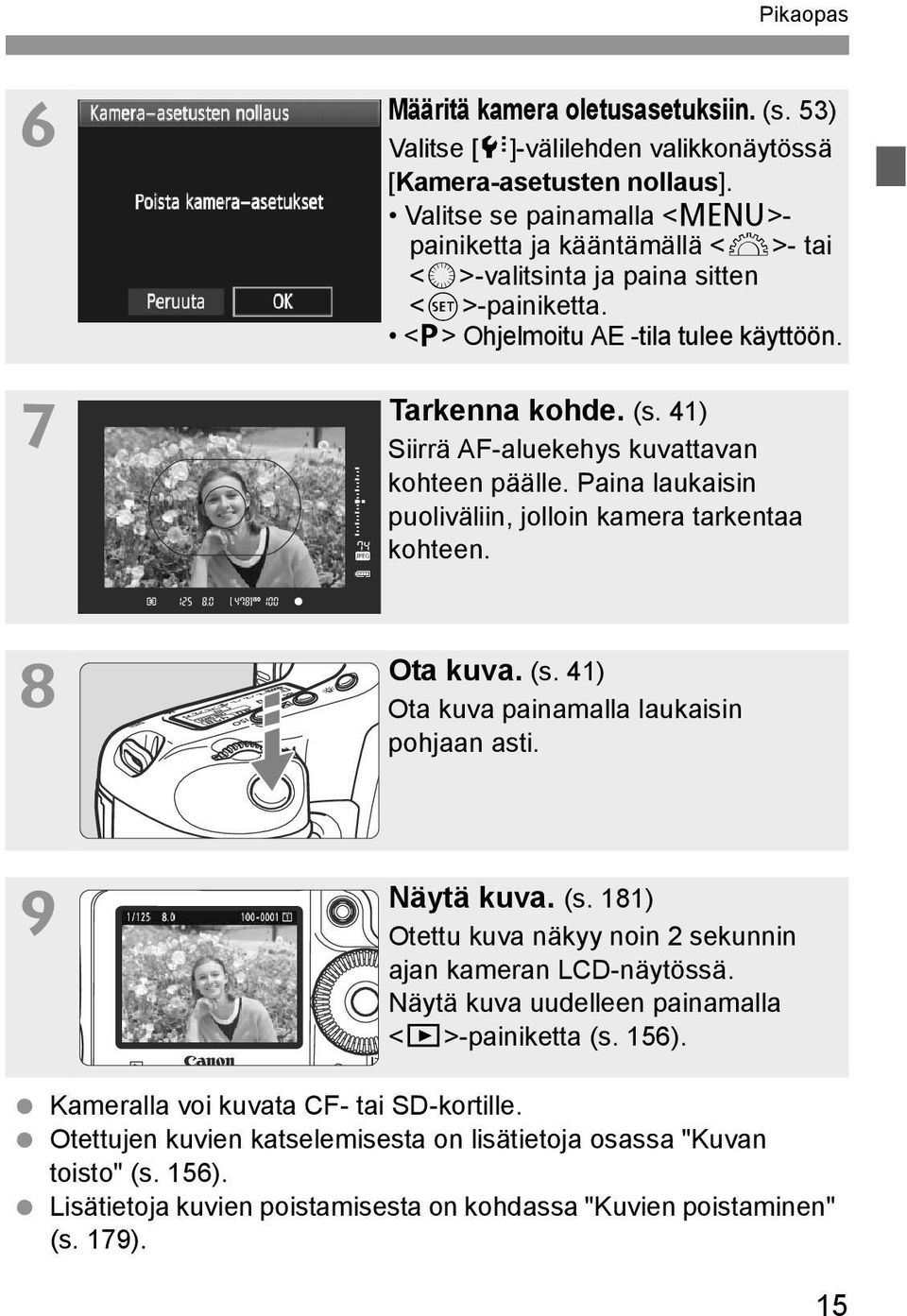 41) Siirrä AF-aluekehys kuvattavan kohteen päälle. Paina laukaisin puoliväliin, jolloin kamera tarkentaa kohteen. Ota kuva. (s. 41) Ota kuva painamalla laukaisin pohjaan asti. 9 Näytä kuva. (s. 181) Otettu kuva näkyy noin 2 sekunnin ajan kameran LCD-näytössä.