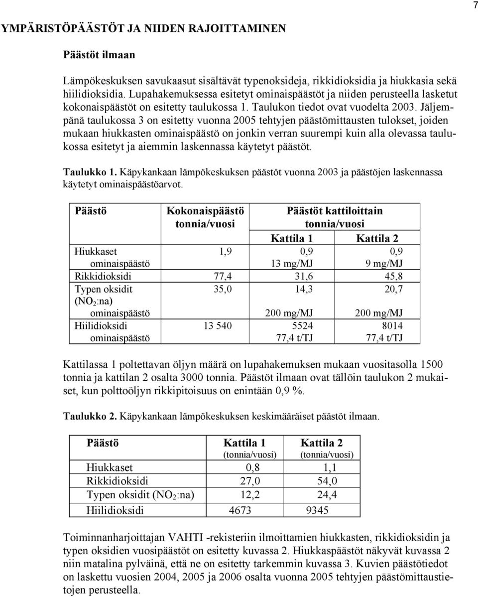 Jäljempänä taulukossa 3 on esitetty vuonna 2005 tehtyjen päästömittausten tulokset, joiden mukaan hiukkasten ominaispäästö on jonkin verran suurempi kuin alla olevassa taulukossa esitetyt ja aiemmin