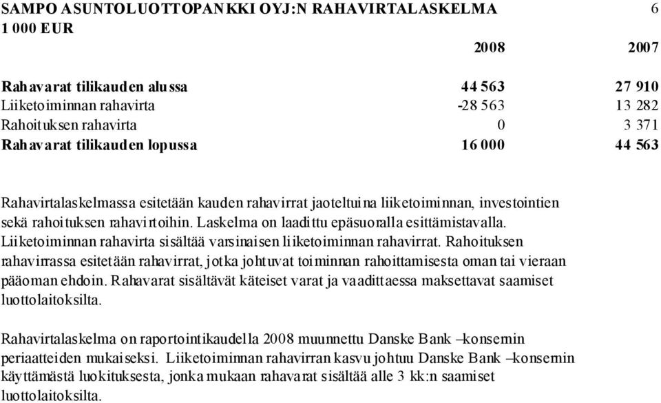 Laskelma on laadittu epäsuoralla esittämistavalla. Liiketoiminnan rahavirta sisältää varsinaisen liiketoiminnan rahavirrat.