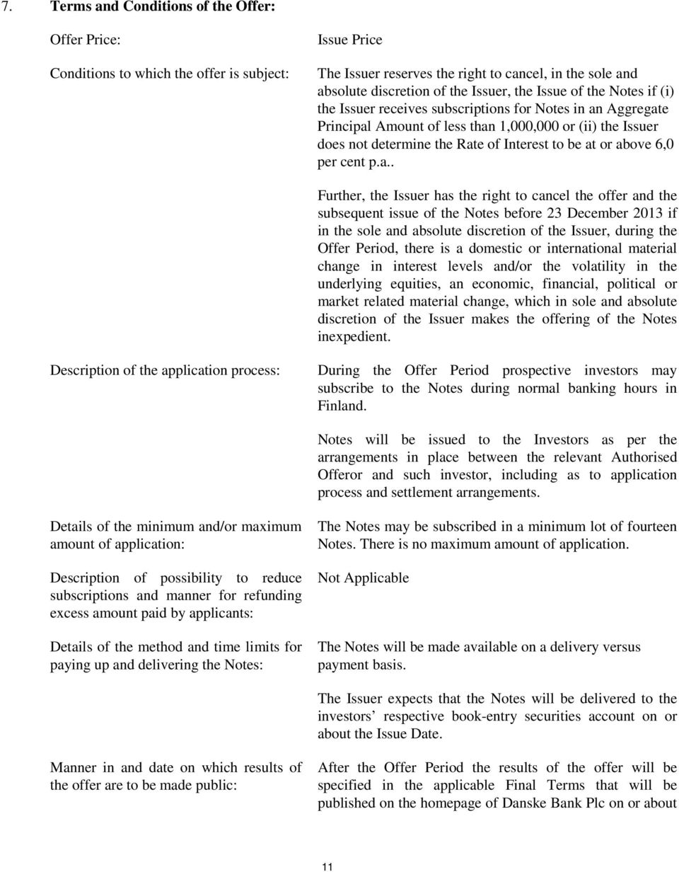 or above 6,0 per cent p.a.. Further, the Issuer has the right to cancel the offer and the subsequent issue of the Notes before 23 December 2013 if in the sole and absolute discretion of the Issuer,