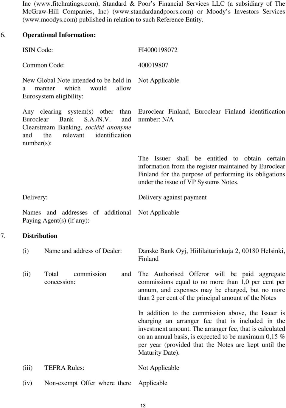 Operational Information: ISIN Code: FI4000198072 Common Code: 400019807 New Global Note intended to be held in a manner which would allow Eurosystem eligibility: Any clearing system(s) other than