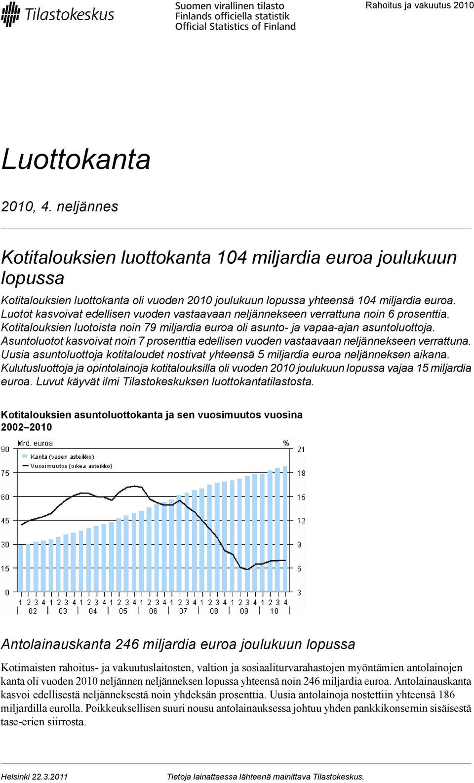 Asuntoluotot kasvoivat noin 7 prosenttia edellisen vuoden vastaavaan neljännekseen verrattuna. Uusia asuntoluottoja kotitaloudet nostivat yhteensä 5 miljardia neljänneksen aikana.