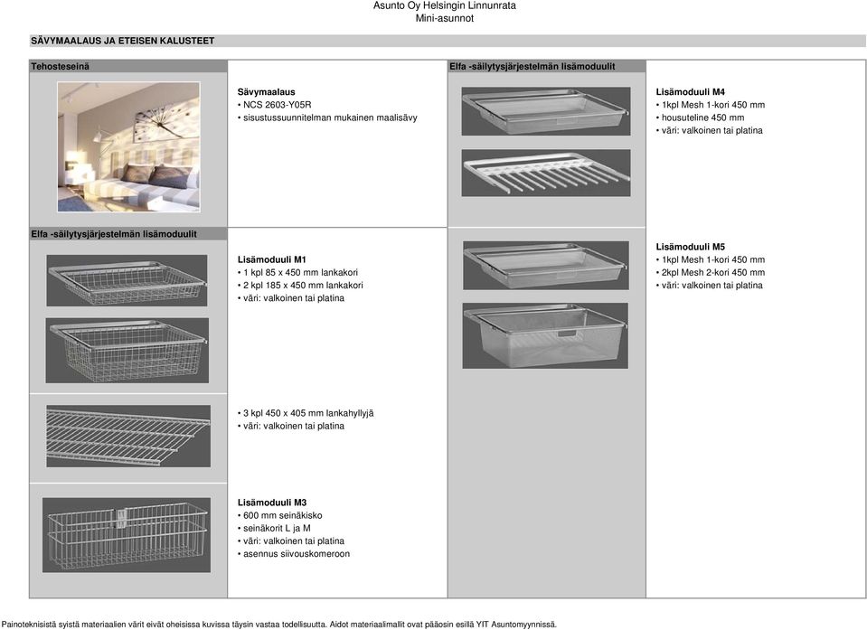 Lisämoduuli M5 1kpl Mesh 1-kori 450 mm 2kpl Mesh 2-kori 450 mm väri: valkoinen tai platina 3 kpl 450 x 405 mm lankahyllyjä väri: valkoinen tai platina Lisämoduuli M3 600 mm seinäkisko seinäkorit L