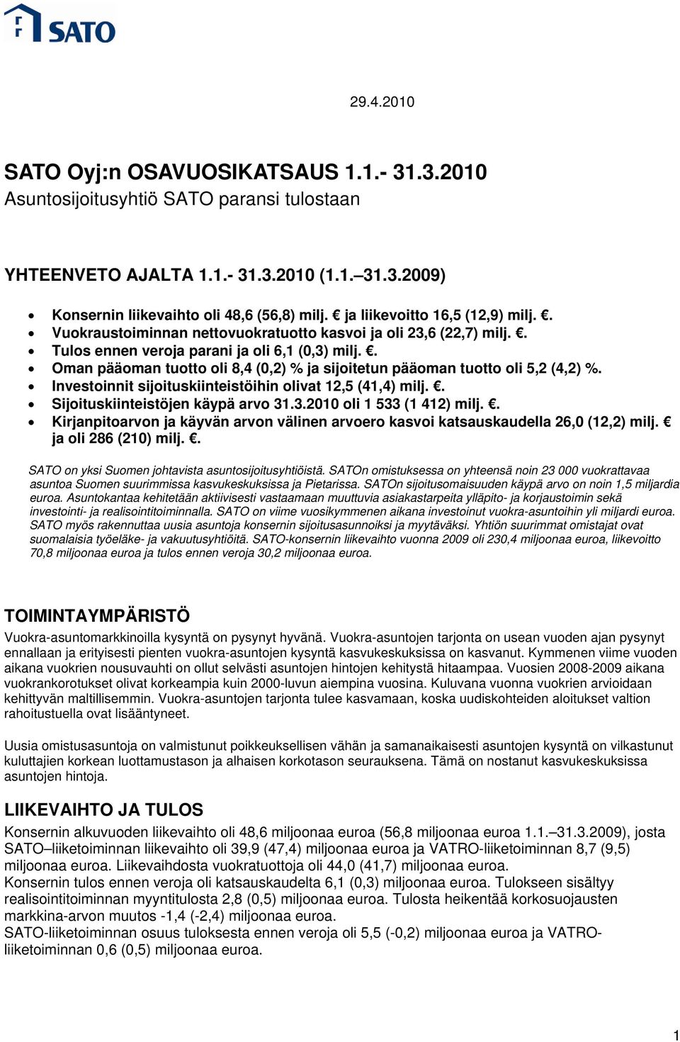 . Oman pääoman tuotto oli 8,4 (0,2) % ja sijoitetun pääoman tuotto oli 5,2 (4,2) %. Investoinnit sijoituskiinteistöihin olivat 12,5 (41,4) milj.. Sijoituskiinteistöjen käypä arvo 31