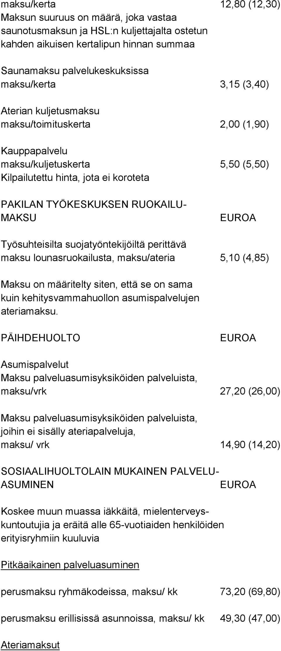 suojatyöntekijöiltä perittävä maksu lounasruokailusta, maksu/ateria 5,10 (4,85) Maksu on määritelty siten, että se on sama kuin kehitysvammahuollon asumispalvelujen ateriamaksu.