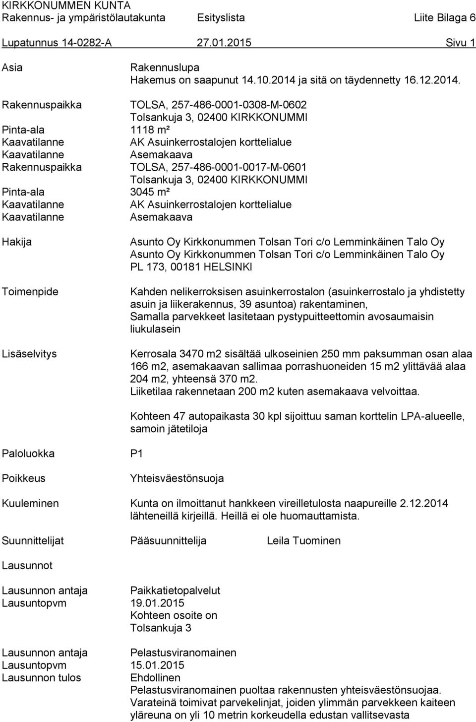 Rakennuspaikka TOLSA, 257-486-0001-0308-M-0602 Tolsankuja 3, 02400 KIRKKONUMMI Pinta-ala 1118 m² AK Asuinkerrostalojen korttelialue Rakennuspaikka Asemakaava TOLSA, 257-486-0001-0017-M-0601