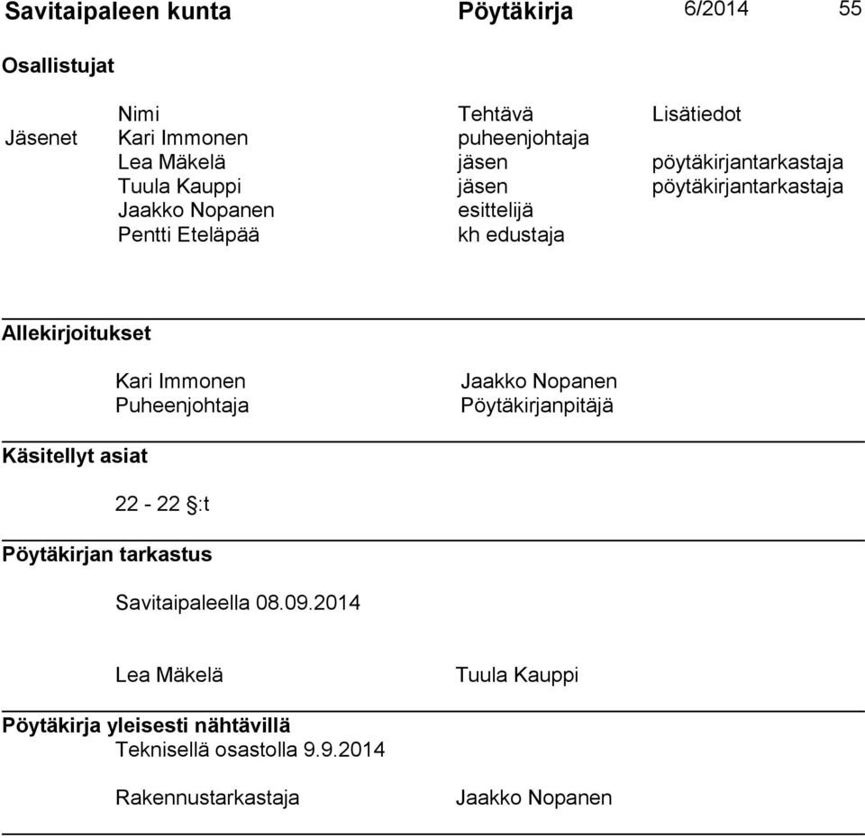 Allekirjoitukset Kari Immonen Puheenjohtaja Jaakko Nopanen Pöytäkirjanpitäjä Käsitellyt asiat 22-22 :t Pöytäkirjan tarkastus