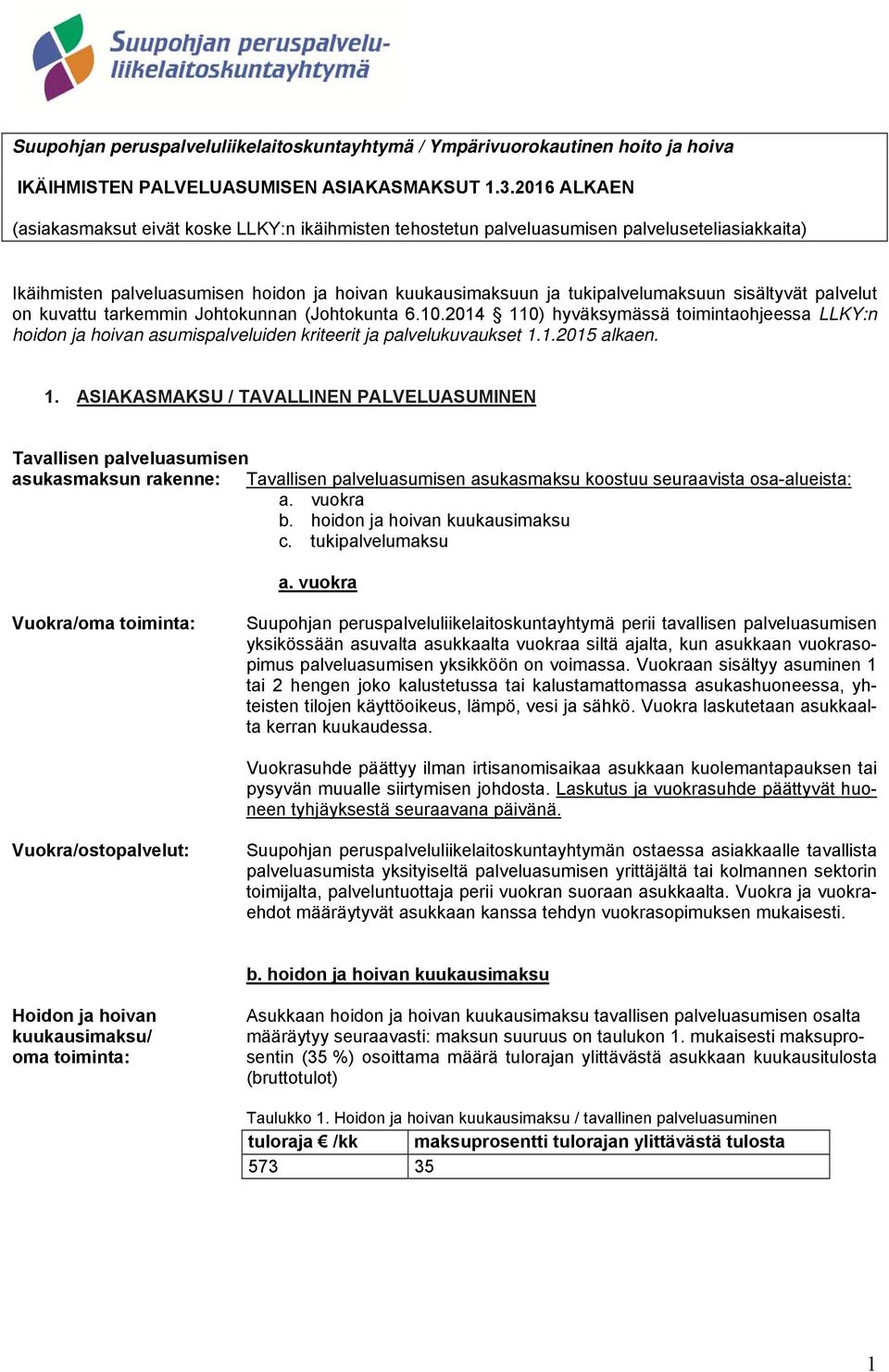 sisältyvät palvelut on kuvattu tarkemmin Johtokunnan (Johtokunta 6.10.2014 110) hyväksymässä toimintaohjeessa LLKY:n hoidon ja hoivan asumispalveluiden kriteerit ja palvelukuvaukset 1.1.2015 alkaen.