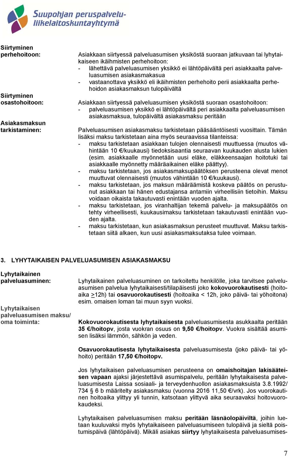 tulopäivältä Asiakkaan siirtyessä palveluasumisen yksiköstä suoraan osastohoitoon: - palveluasumisen yksikkö ei lähtöpäivältä peri asiakkaalta palveluasumisen asiakasmaksua, tulopäivältä asiakasmaksu