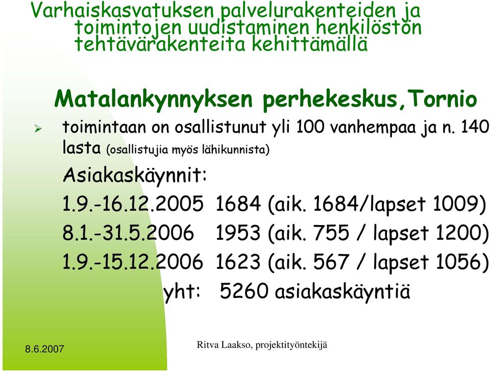 140 lasta (osallistujia myös lähikunnista) Asiakaskäynnit: 1.9.-16.12.2005 1684 (aik.