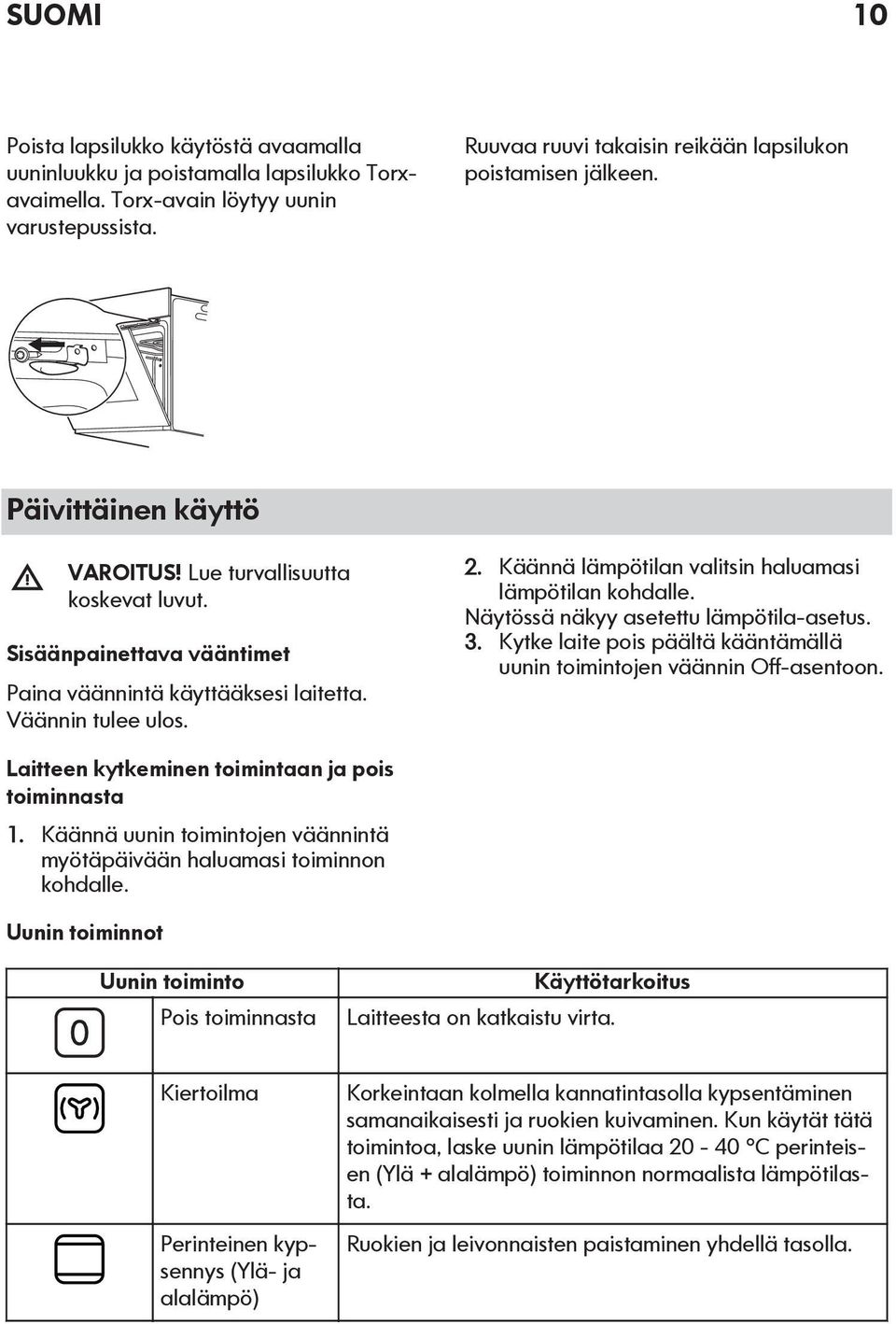 Väännin tulee ulos. 2. Käännä lämpötilan valitsin haluamasi lämpötilan kohdalle. Näytössä näkyy asetettu lämpötila-asetus. 3.