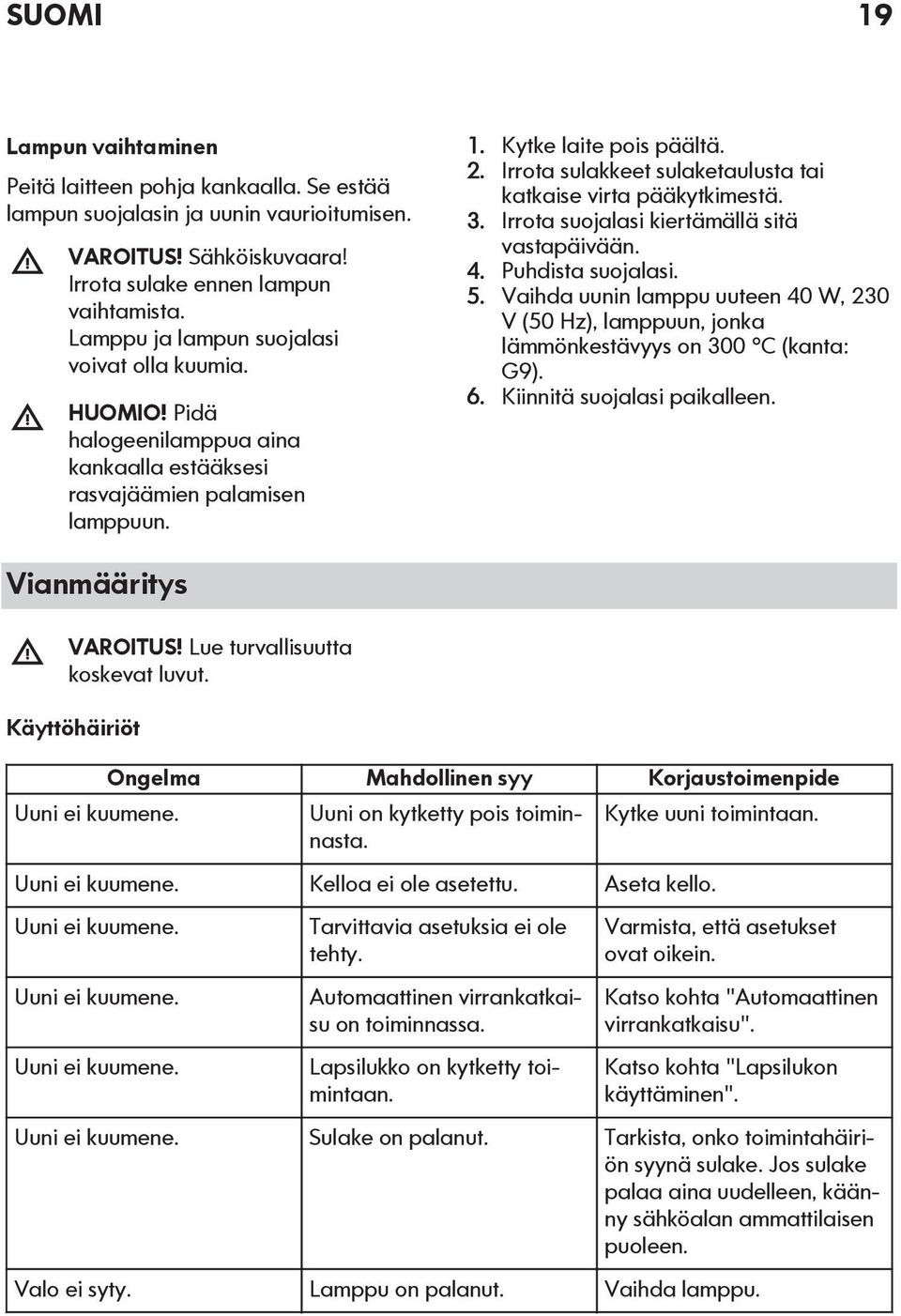 Irrota sulakkeet sulaketaulusta tai katkaise virta pääkytkimestä. 3. Irrota suojalasi kiertämällä sitä vastapäivään. 4. Puhdista suojalasi. 5.