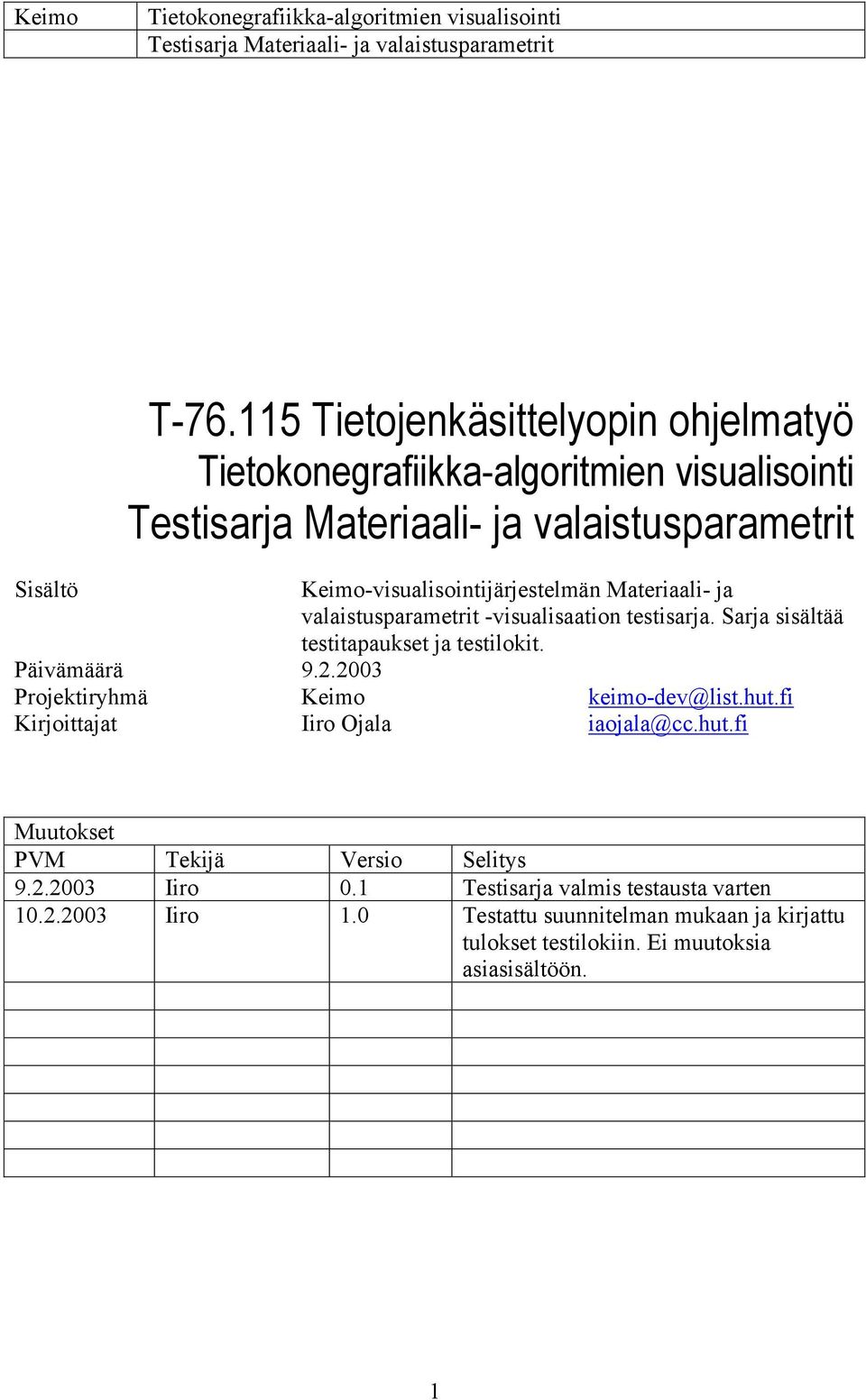 2003 Projektiryhmä Keimo keimo-dev@list.hut.fi Kirjoittajat Iiro Ojala iaojala@cc.hut.fi Muutokset PVM Tekijä Versio Selitys 9.