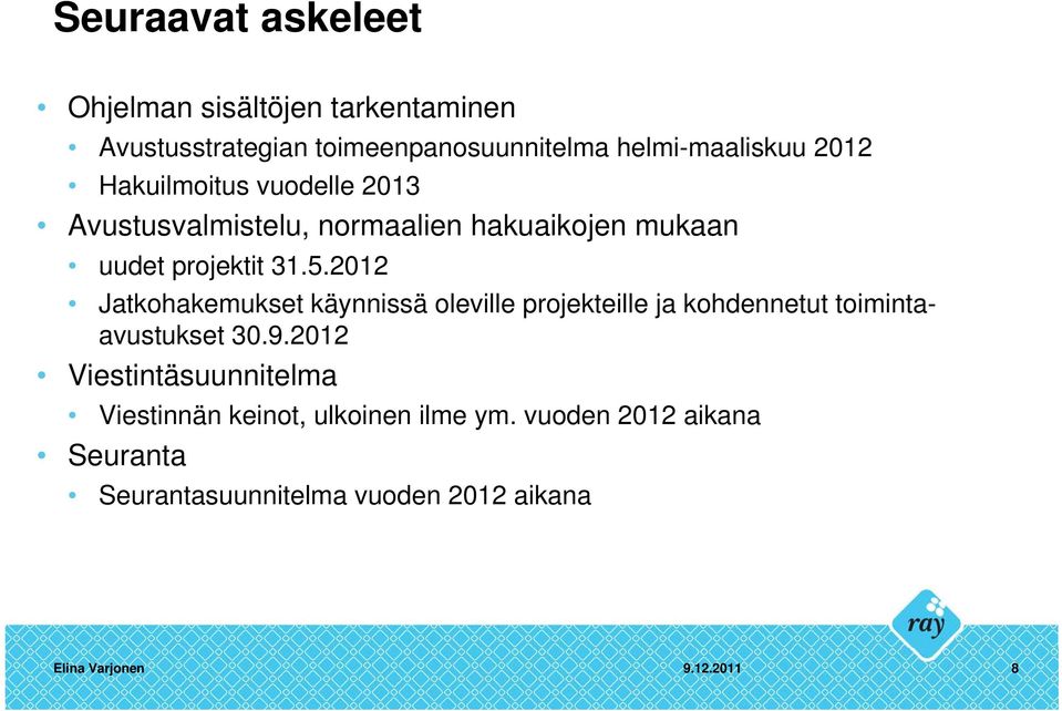 projektit 31.5.2012 Jatkohakemukset käynnissä oleville projekteille ja kohdennetut toimintaavustukset 30.9.