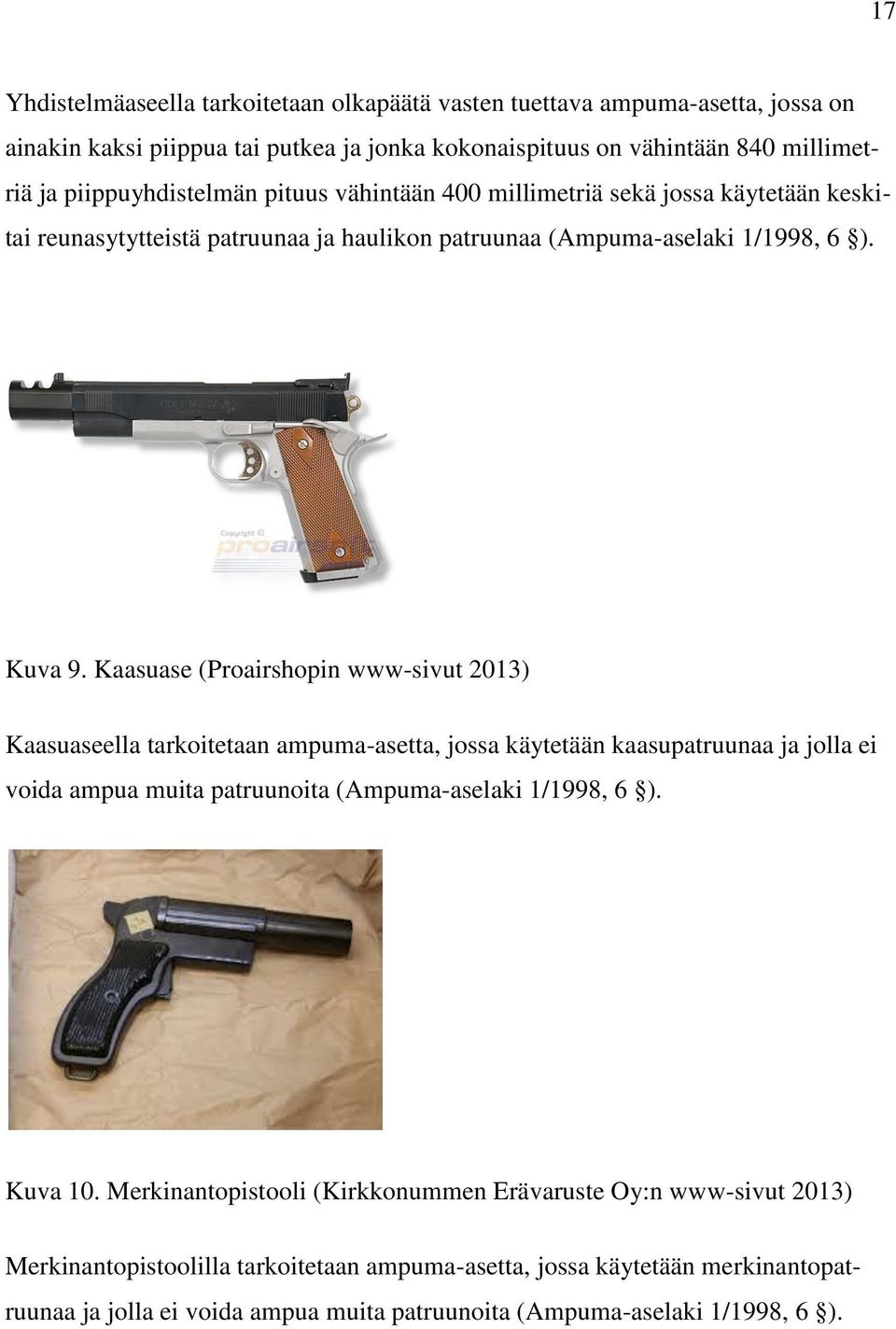 Kaasuase (Proairshopin www-sivut 2013) Kaasuaseella tarkoitetaan ampuma-asetta, jossa käytetään kaasupatruunaa ja jolla ei voida ampua muita patruunoita (Ampuma-aselaki 1/1998, 6 ).
