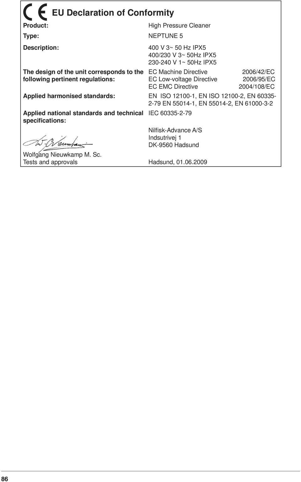 2006/95/EC 2004/108/EC Applied harmonised standards: EN ISO 12100-1, EN ISO 12100-2, EN 60335-2-79 EN 55014-1, EN 55014-2, EN 61000-3-2 Applied national