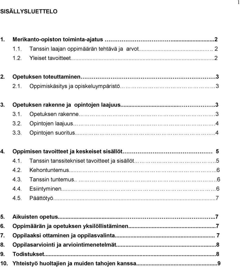 .5 4.2. Kehontuntemus......6 4.3. Tanssin tuntemus....6 4.4. Esiintyminen... 6 4.5. Päättötyö...7 5. Aikuisten opetus.....7 6. Oppimäärän ja opetuksen yksilöllistäminen...7 7.