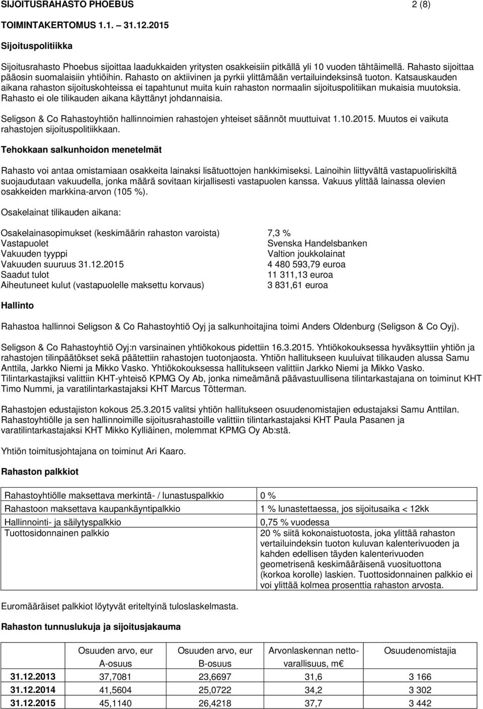 Katsauskauden aikana rahaston sijoituskohteissa ei tapahtunut muita kuin rahaston normaalin sijoituspolitiikan mukaisia muutoksia. Rahasto ei ole tilikauden aikana käyttänyt johdannaisia.