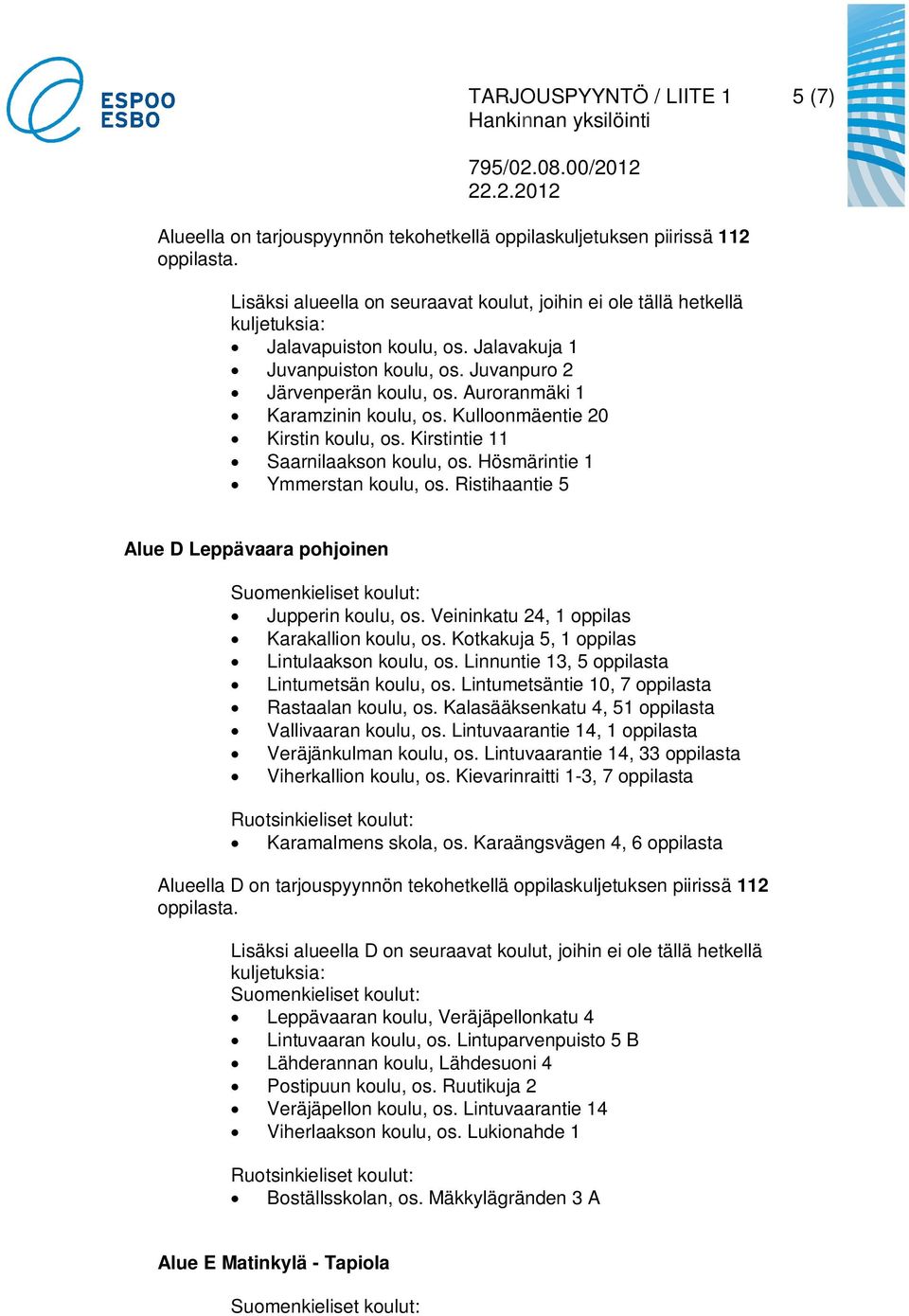 Kulloonmäentie 20 Kirstin koulu, os. Kirstintie 11 Saarnilaakson koulu, os. Hösmärintie 1 Ymmerstan koulu, os. Ristihaantie 5 Alue D Leppävaara pohjoinen Jupperin koulu, os.